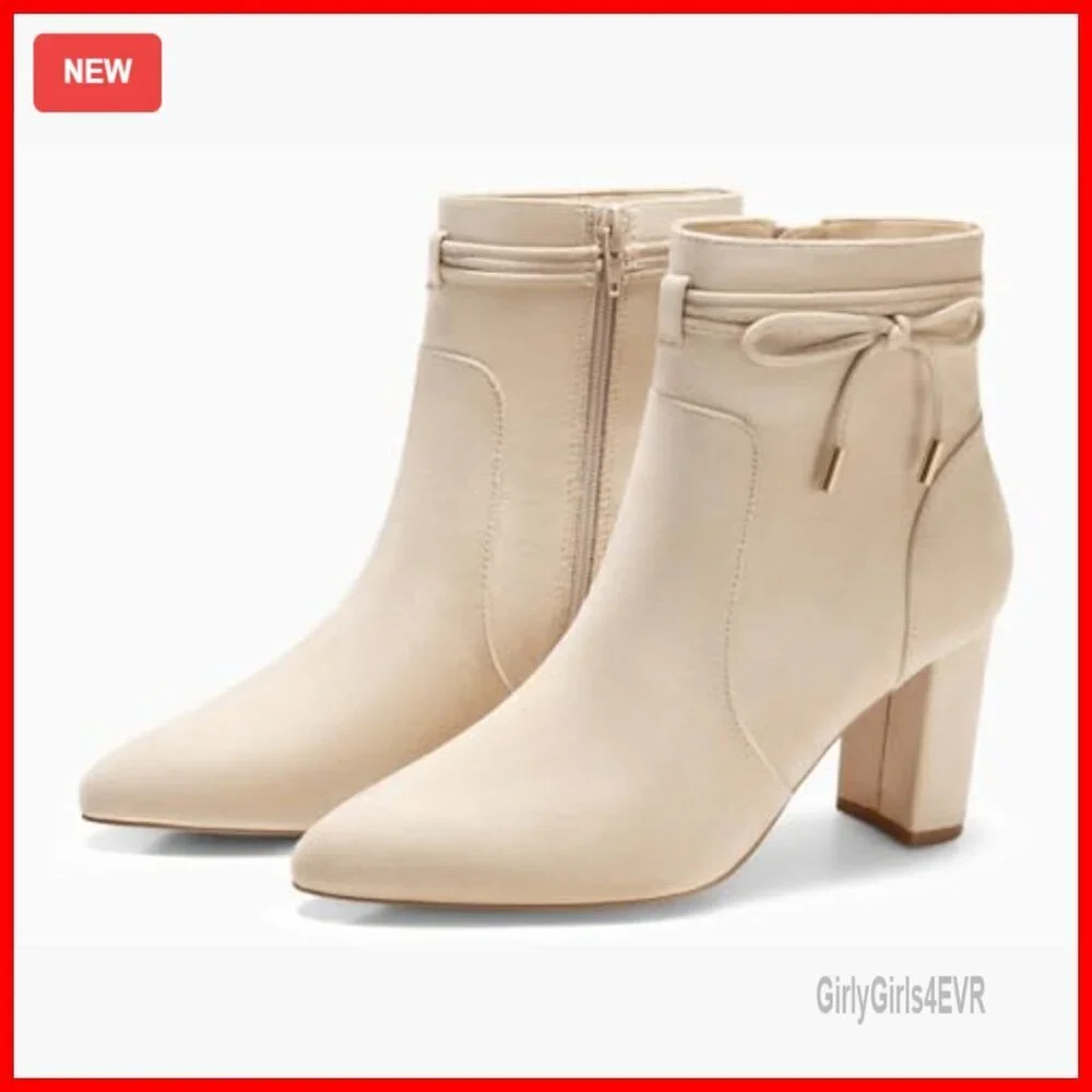 Pointed Toe Ankle Boots with Chunky Block Heel and Side Zipper